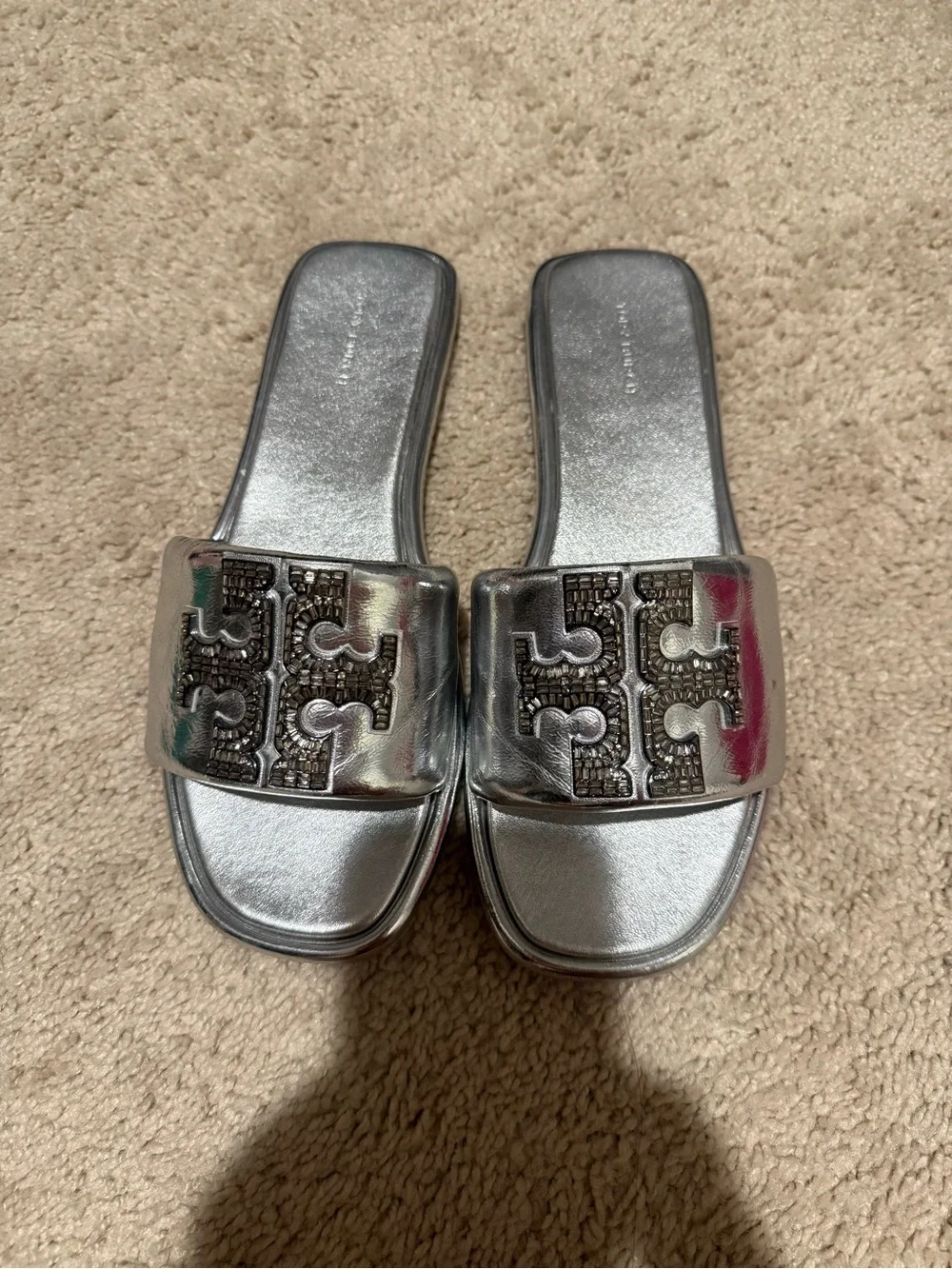Tory Burch Metallic Silver Logo Slide Sandals